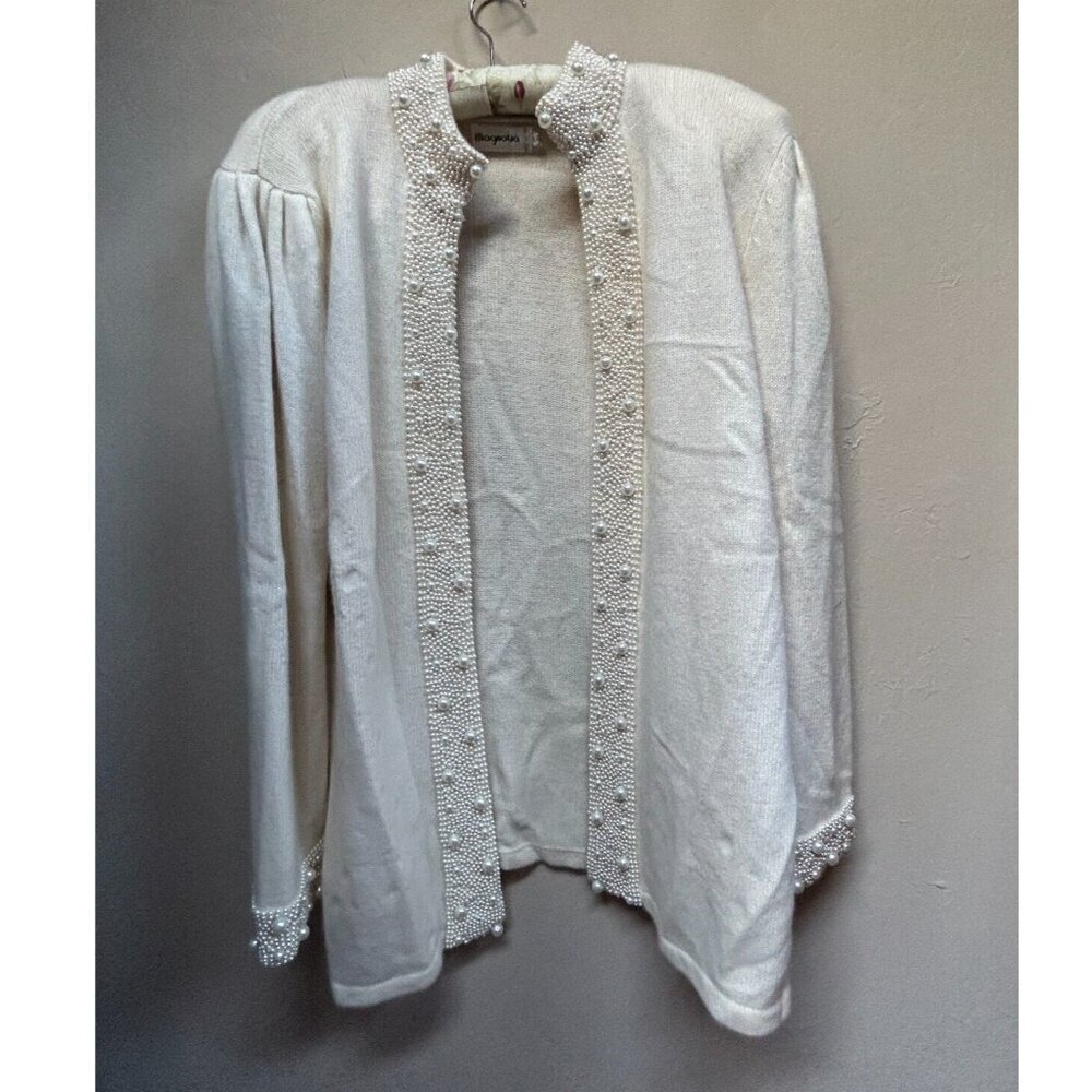 Vintage Magnolia Lambswool/Angora Blend Pearl Trim Cardigan Sweater Large Cream